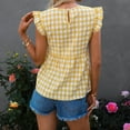 thumbnail image 3 of Grid Printed Sleeveless Shirts, V Neck Casual Style Skin Friendly Ruffle Trim Women Grid Printed Tank Top Soft Polyester  For Date Yellow XL, 3 of 5