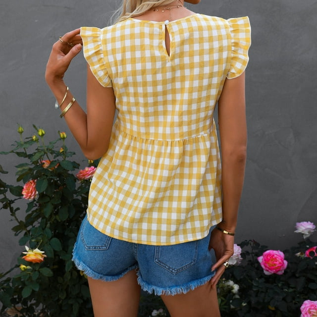 Camisas sin mangas con estampado de rejilla camiseta sin mangas con estampado de rejilla para mujer con ribete de volantes amigable con la piel para la oficina ANGGREK Otros