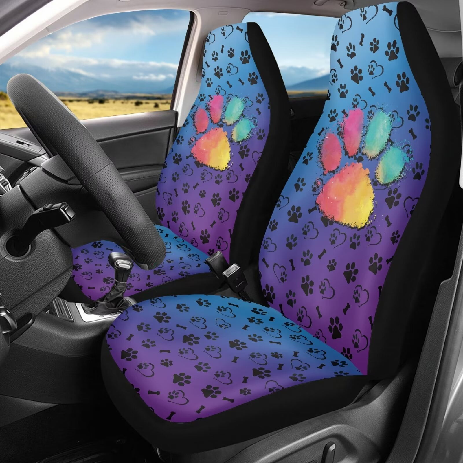 Uourmeti Rainbow Dog Paw Pattern 2 Pack Car Seat Covers for Front Seats Cute Car Accessories for Women Girl Vehicle Decor Universal Bucket Seat Protector Cushion Cover