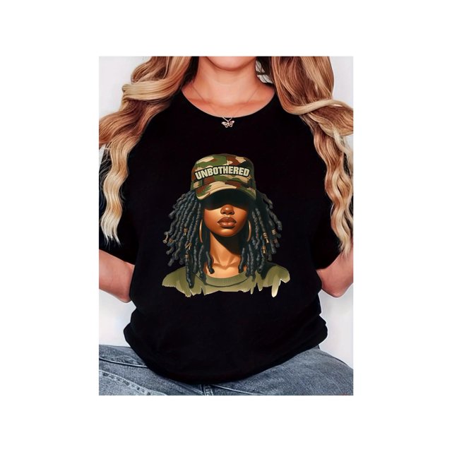 Women's T-Shirt, "Camouflage Hat Dreadlocks Girl" Print, Retro Minimalist Fashion, Round Neck, Casual Comfort, Sports Short Sleeve T-Shirt - Women's Printed Cotton Crewneck T-Shirts - - Breathable,