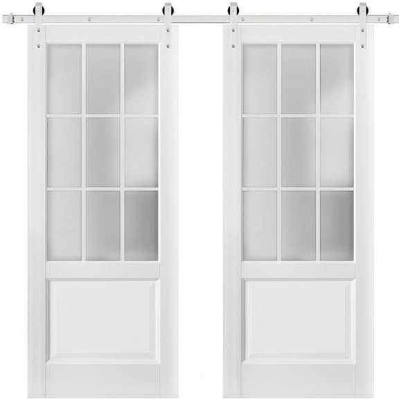 Sturdy Double Barn Door with Frosted Glass 9 Lites | Felicia 3309 Matte White | 13FT Rail Hangers Heavy Set | Solid Panel Interior Doors-72" x 84" (2* 36x84)-Frosted Glass-Silver Rail