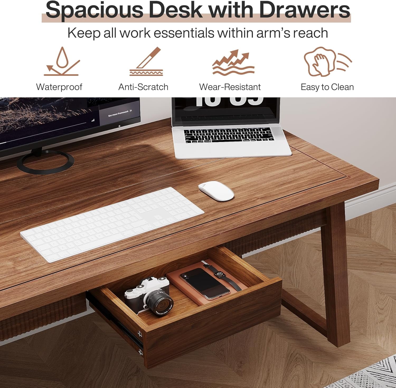 Finmind 55" Solid Wood Executive Desk with Drawer: Mid-Century Modern Writing Table
