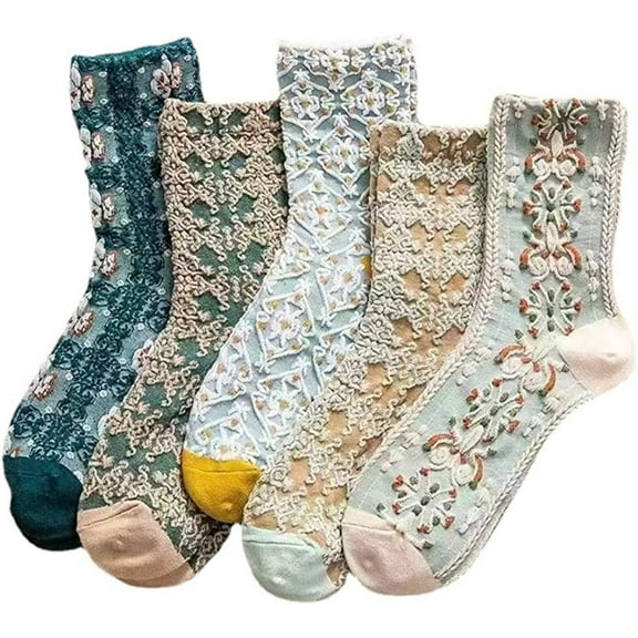 5 Pairs Set Women Crew Socks Fashion Cotton Floral Print Warm Multicolor Thick