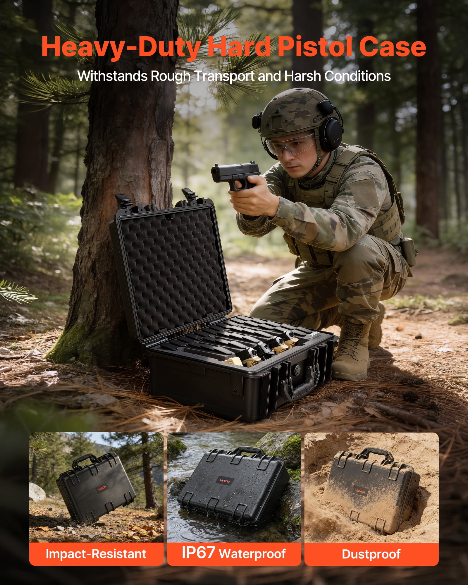 VEVOR Hard Pistol Case, Heavy Duty Hard Gun Case with XPE Foam Lining, Waterproof Pistol Storage Box with Customizable Interior & Handle for Gun, Lenses, Camera, Gear, TSA Compliant, 18.7x12.5x7.5 in