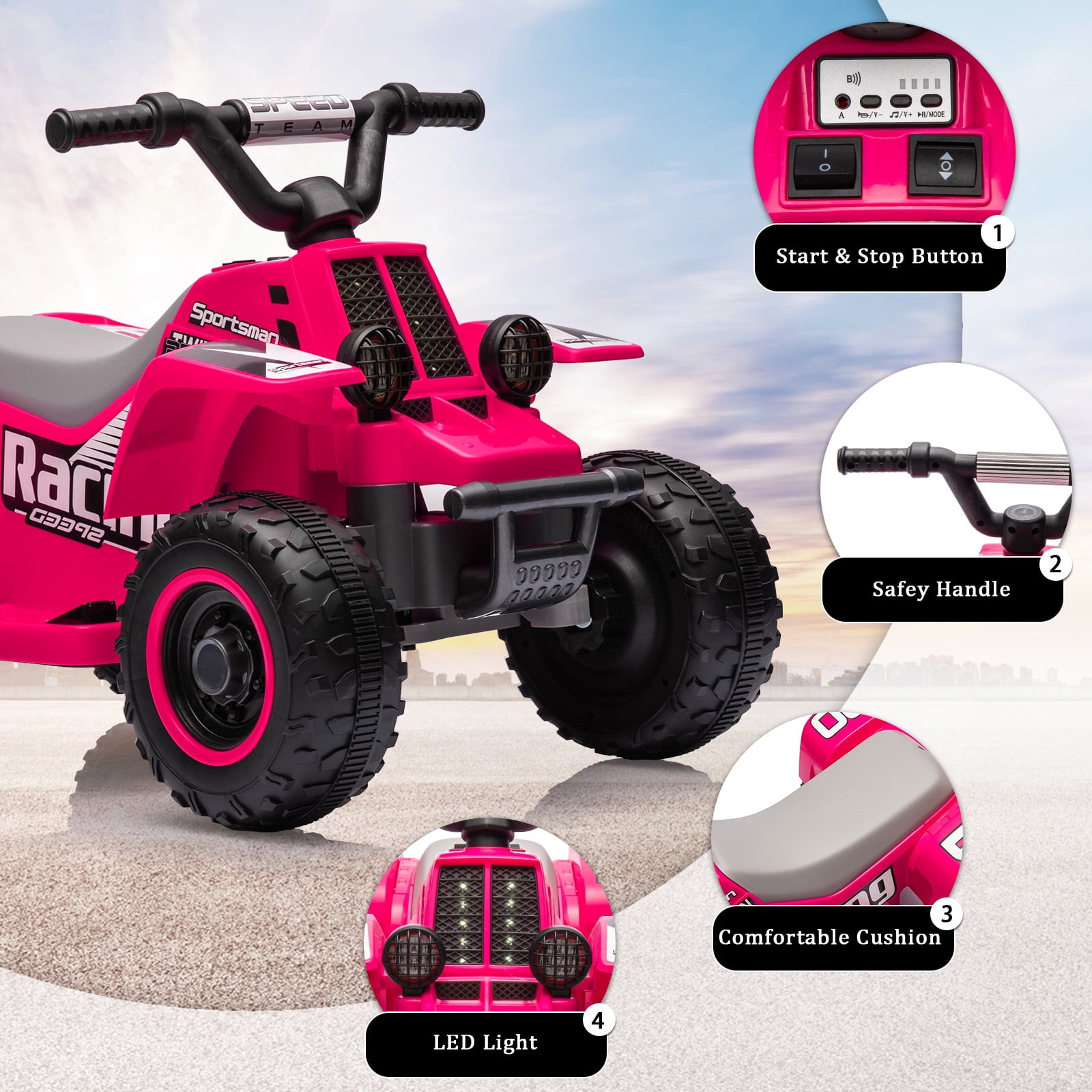Telyswee 6V Kids Ride On Car, 4-Wheeler Quad ATV Play Car for Kids, 1.76MPH Max Speed, Ride On Toy for Boys & Girls Gift, Rubber Handles, Push-Button Accelerator