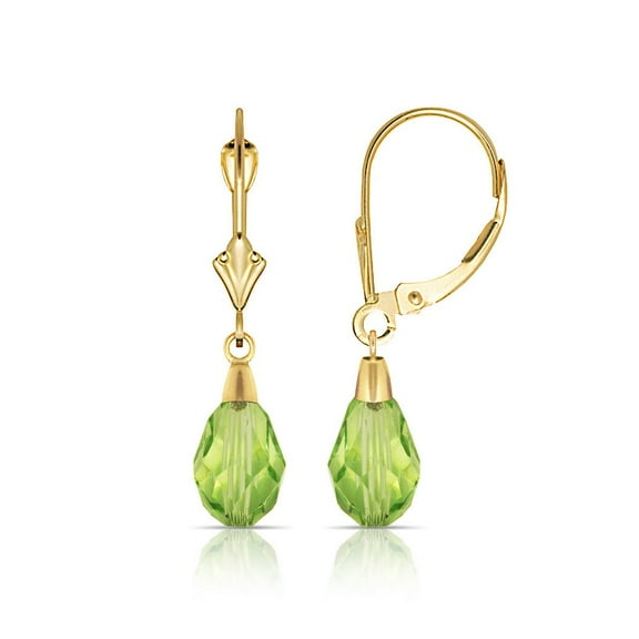 14k Yellow Gold Green 9x6mm Crystal Pear Drop Leverback Earrings - Measures 29x6mm