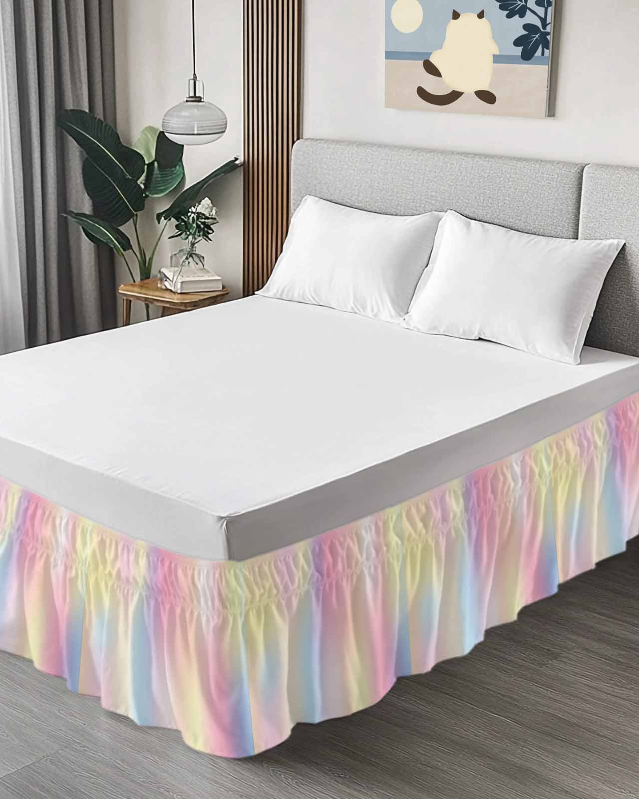Colorful Gradient Bed Skirt Pink Yellow Abstract Bed Skirts Queen Size 16 Inch Drop, Wrap Around Dust Ruffle&nbsp;Bedskirt with Adjustable Elastic Belt for Queen Size Beds