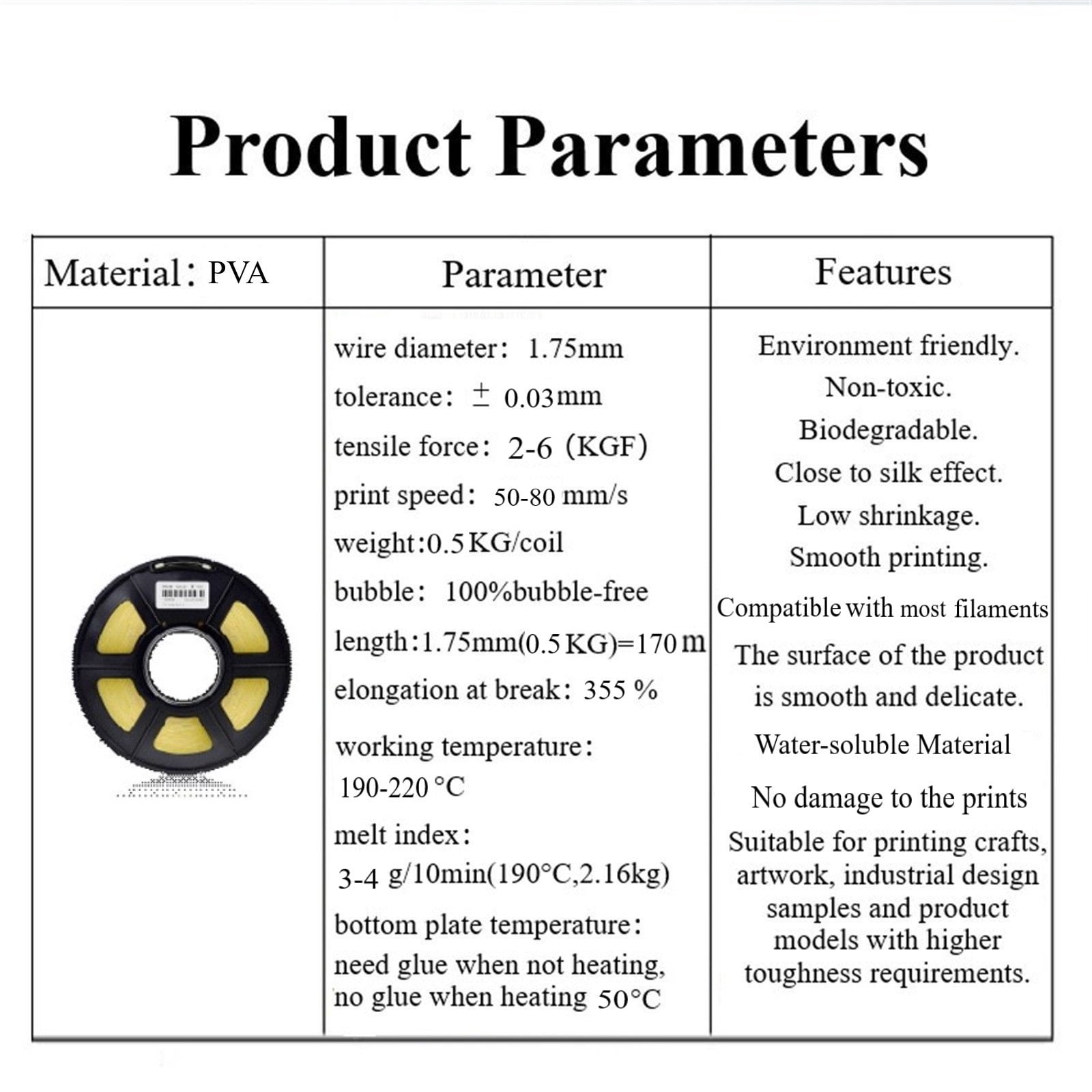 PVA 0.5KG Supported Filament, Easy-to-Print 3D Printer Accessories, 1.75mm +/- 0.03mm, Transparent Yellow, Fit Most Filaments