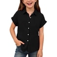 thumbnail image 2 of UACY Girls Casual Cotton Linen Button Down Short Sleeve Shirts Solid Summer Beach Blouses Tops with Pocket (Black, 5-6 Years), 2 of 7
