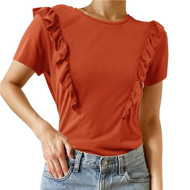 Minnieouse Camiseta de mujer con volantes de Color sólido Casual suelta Linda blusa para niñas fiesta escolar verano Top elegante ropa de moda Prendas para la parte del cuerpo Café SG Minnieouse AP010896-28