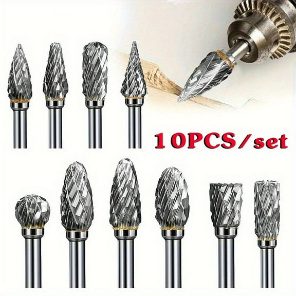 Carbide Burr Set Compatible Rotary Tool 10pcs Die Grinder Bits Rotary File Rasp With 1/ 8" Shank Tool Accessories For Attachments Cutting Burrs Metal Grinding Engraving Porting Double