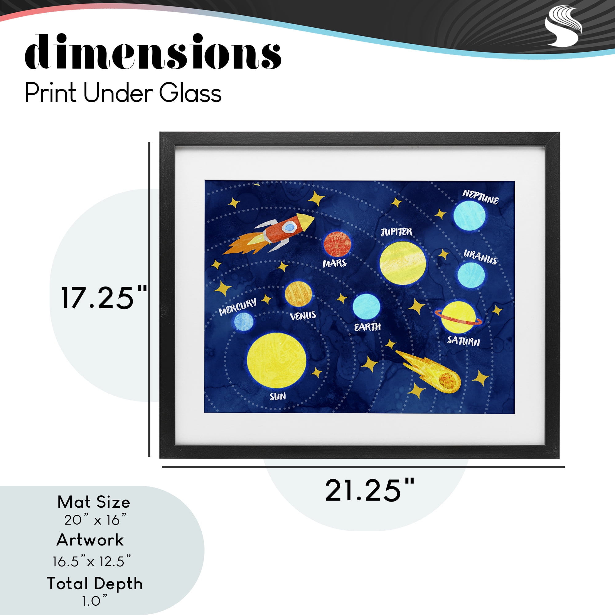Rocket Across Solar System Black Framed Print Under Glass, design by Daphne Polselli
