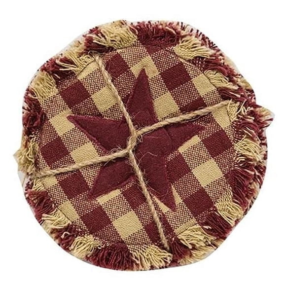 4/Set - Burgundy and Tan Check Star Round Fabric Coasters - Country - Primitive Style
