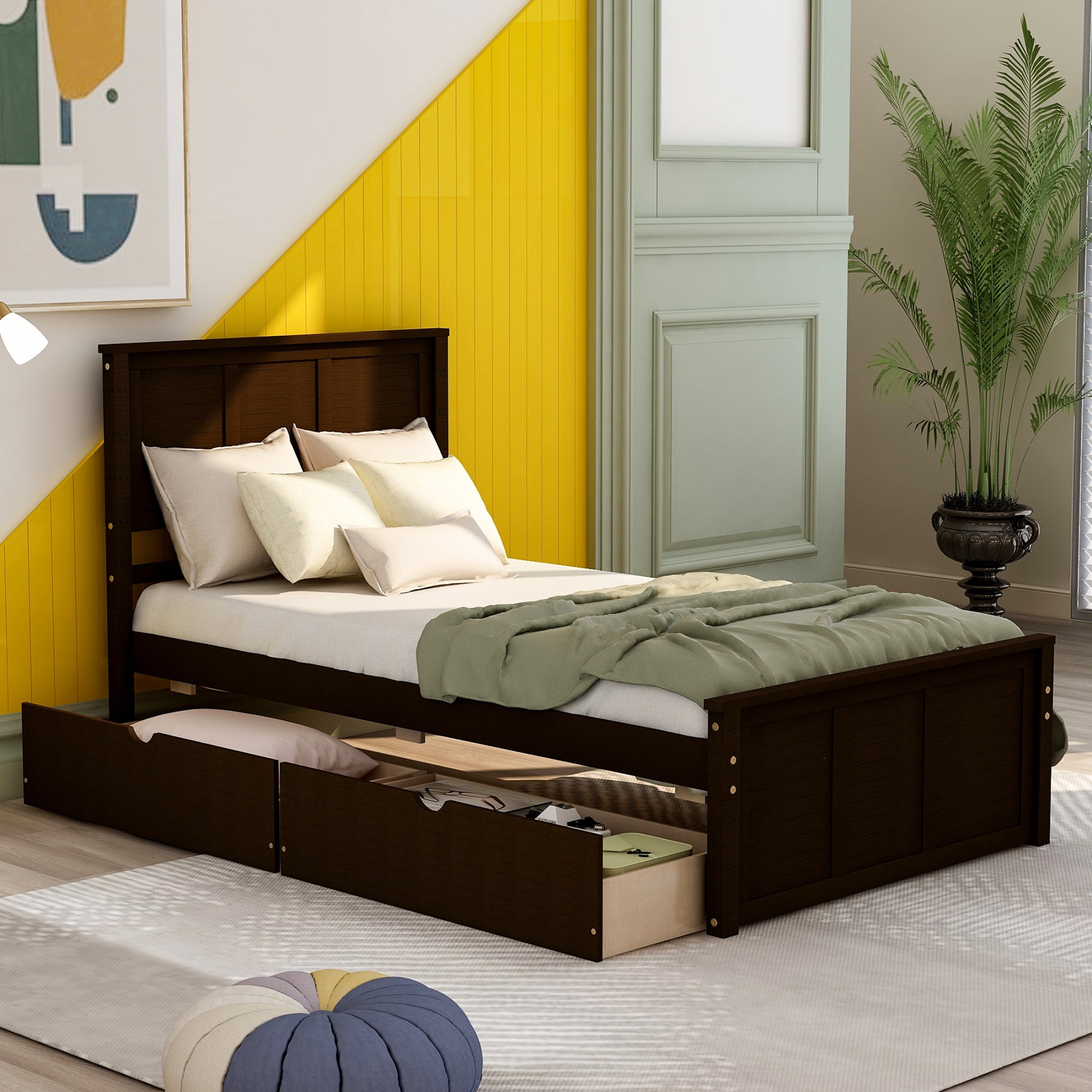 Euroco Wood Twin Size Platform Bed with Drawers for Kids Teens, Espresso