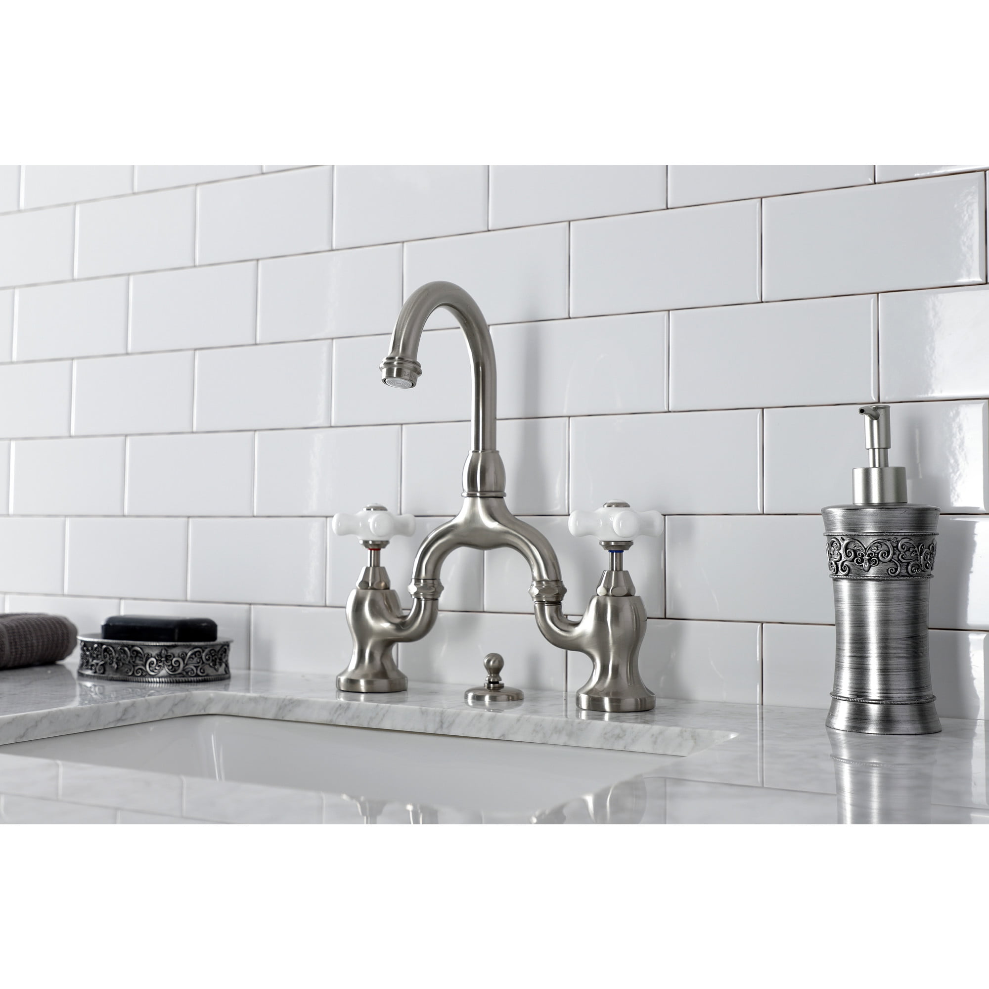 Kingston Brass KS7998PX English Country Bridge Bathroom Faucet with Brass Pop-up, Brushed Nickel