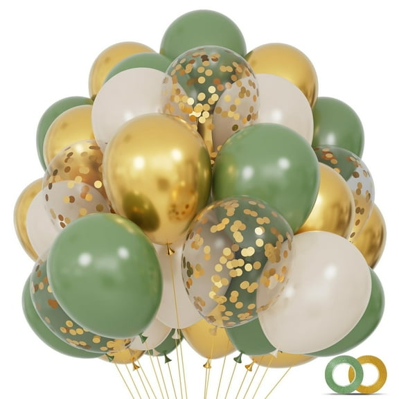 Sage Green Sand White Metallic Chrome Gold Latex Balloons Set, 92PCS 12inch Gold Confetti Party Latex Balloons for Birthday Baby Shower Wedding (with 2 Ribbons)