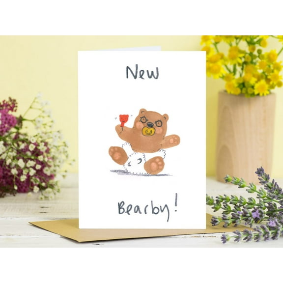 New Bearby Greeting Card – Adorable Bear with Baby Rattle Design – Blank Inside with Envelope – Perfect for Baby Showers, Birth Announcements, and New Parent Congratulations