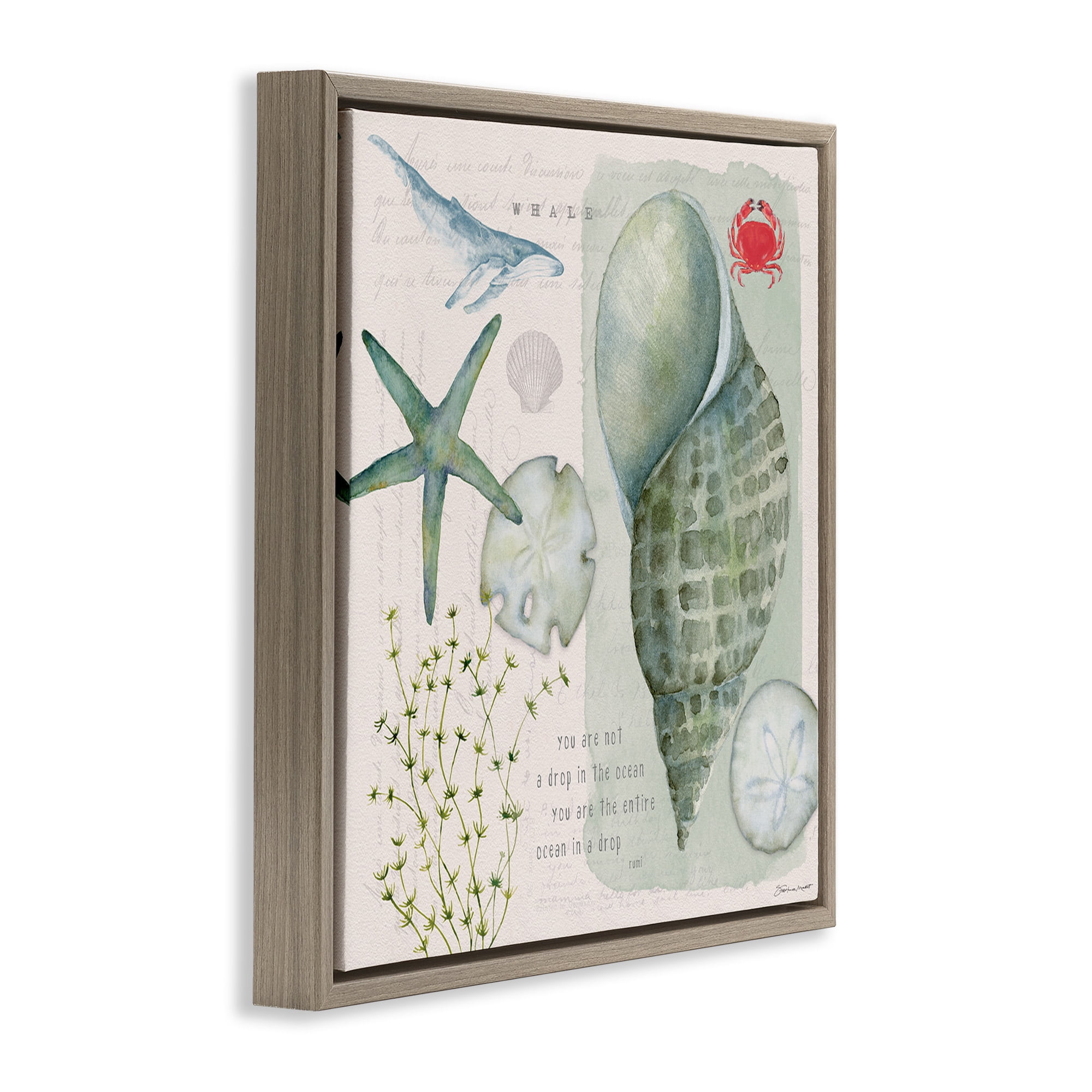 Stupell Industries Sea Shell Inspirational Collage Inspirational Painting Brown Floater Framed Canvas Art Print Wall Art, 18 x 18
