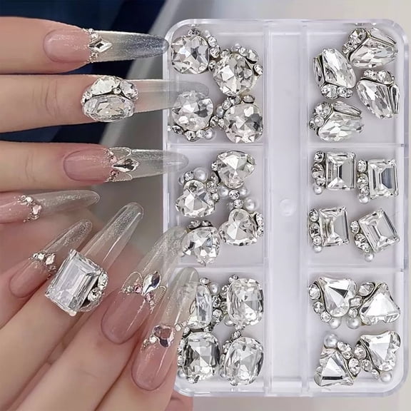 24PCS Luxury 3D Pearl Rhinestone Nail Charms Set 6 Mixed Styles Hearts, Stars, Snowflakes for Nail Art and DIY Craft Decoration