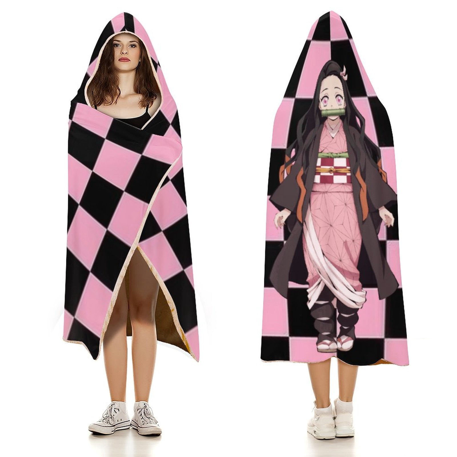 Kamado Nezuko Wearable Blanket Cloak Arctic Velvet Hooded Blanket Soft Fuzzy Hoodie Blanket Cape for Adults Kids 60"x80"