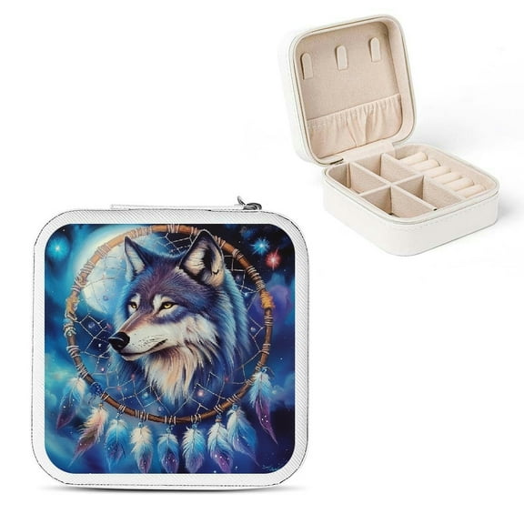 ZFLMY Wolf Dreamcatcher Moon Jewelry Box for Women - Compact Travel Jewelry Case with Necklace Hooks, Ring Slots, Earring Compartments - Friendship Day Gifts White