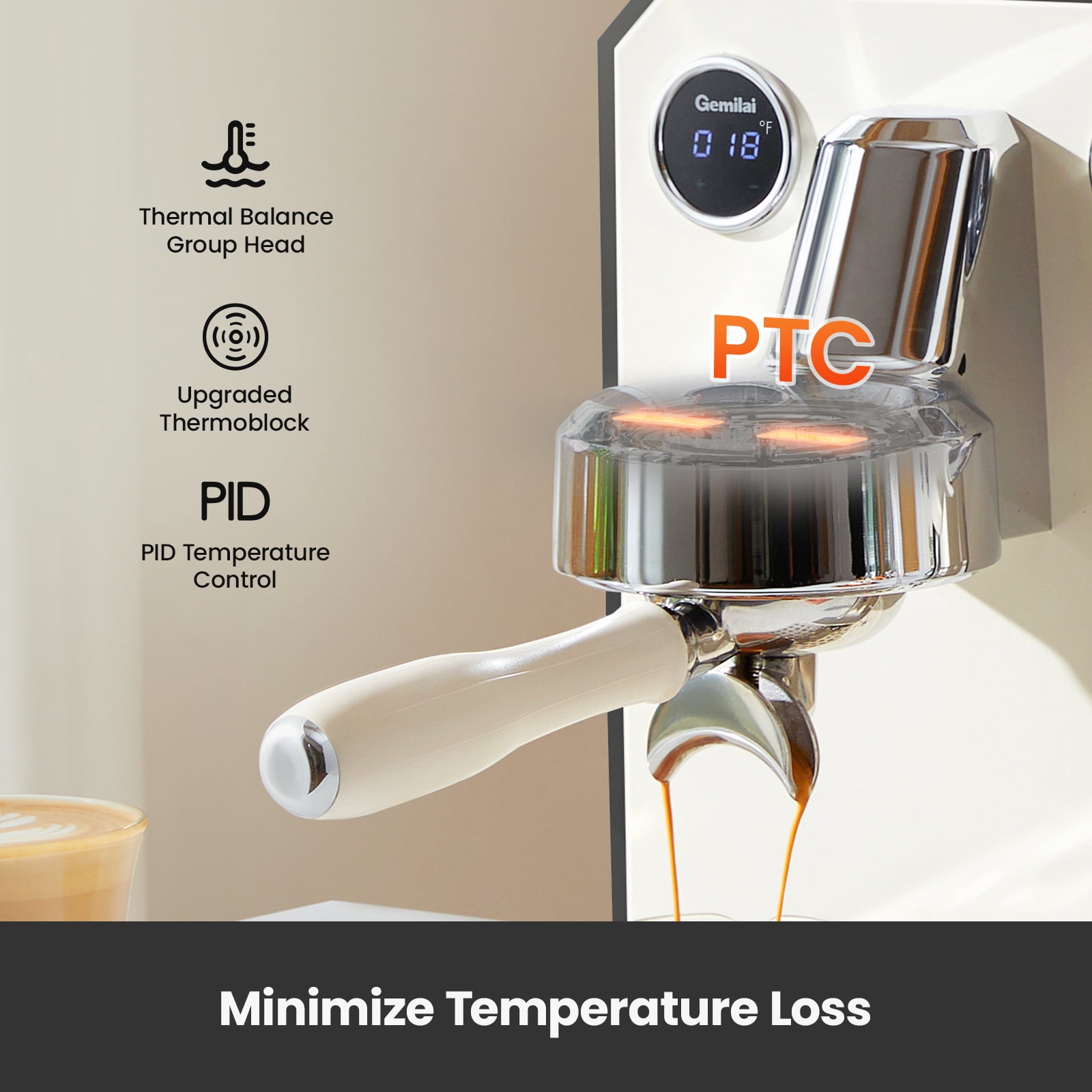 Gemilai G3006 Owl 15-Bar Semi-Auto Espresso Machine, Dual Display, Milk Frother, 57oz Tank, Stainless Steel Coffee Maker