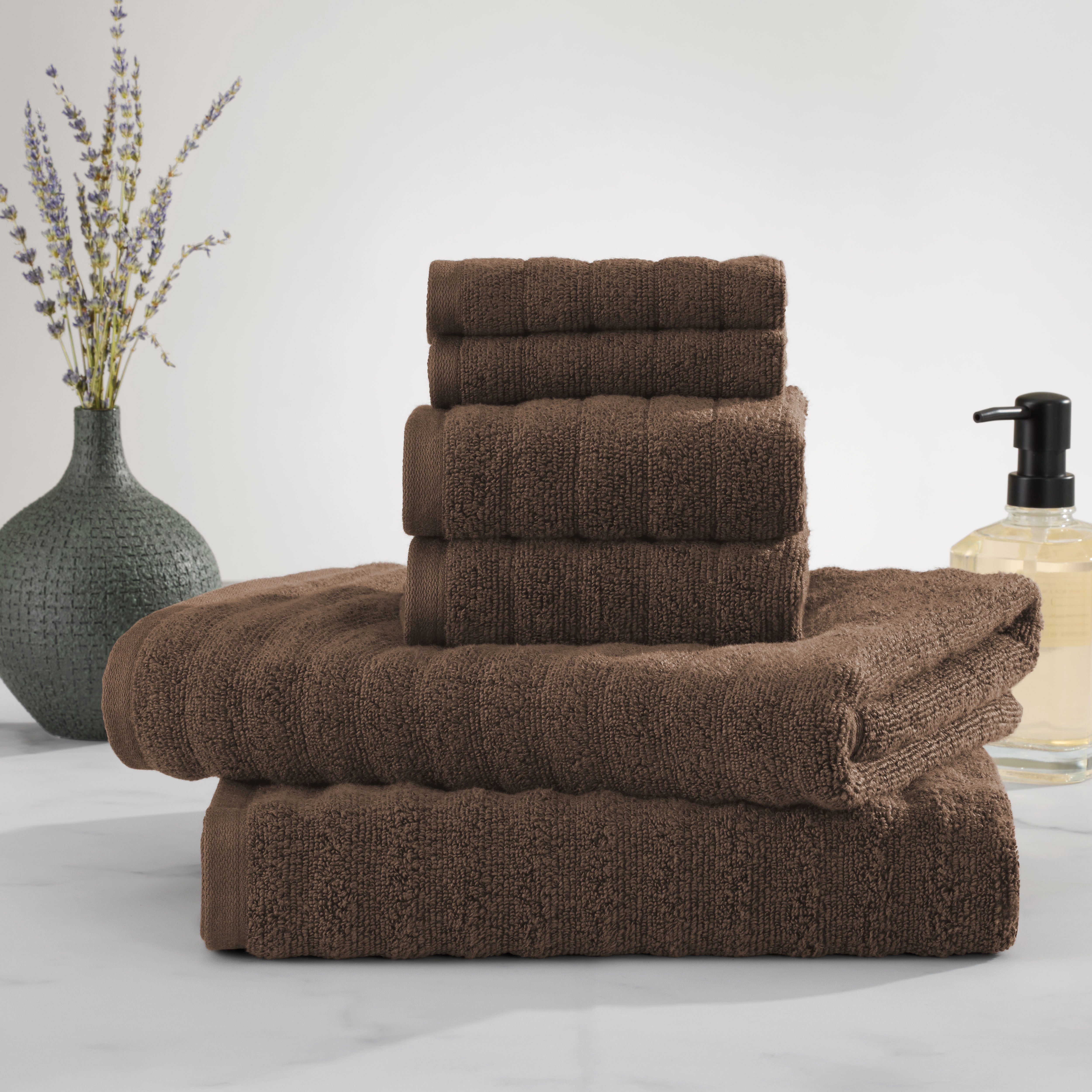 Mainstays Performance 6-Piece Textured Bath Towel Set, Quick Dry, Brown