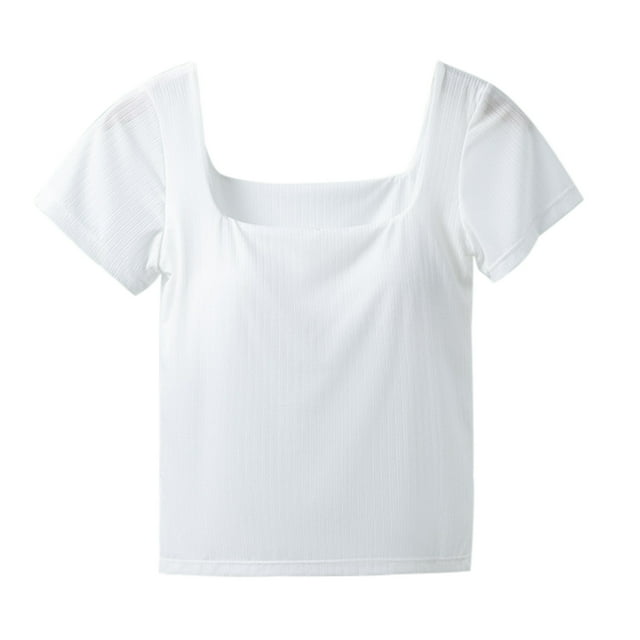 Plebaso Womens Square Neck T Shirts Built-In Bra Casual Going out Crop Tee Slim Plain Summer Basic Tops