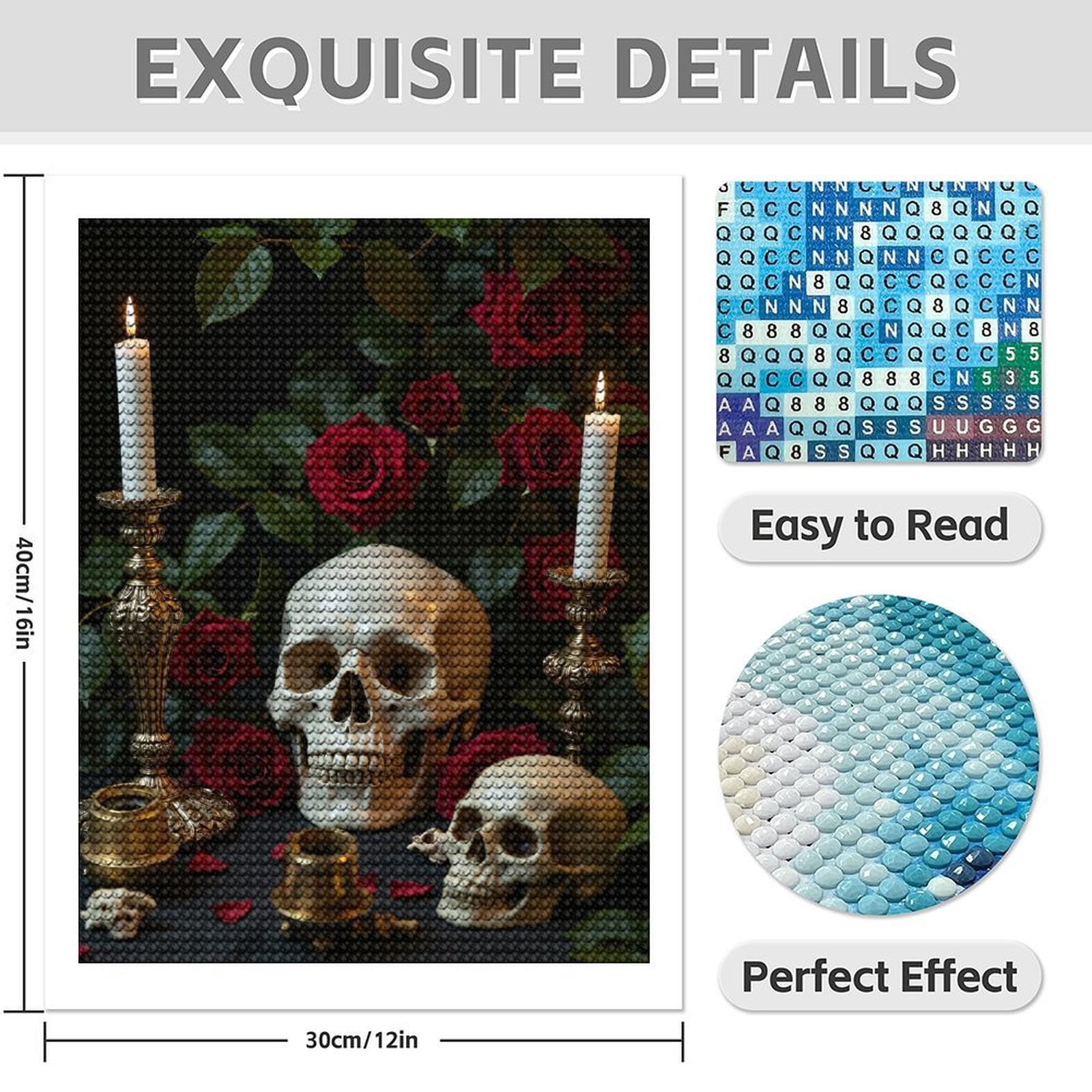 Diamond Art Kit for Adults, Candles Skulls Red Roses Display Diamond Painting for Adults Beginners, 5D DIY Diamond Art Painting Kits, Colorful Diamond Painting Craft for Home Decor 12x16