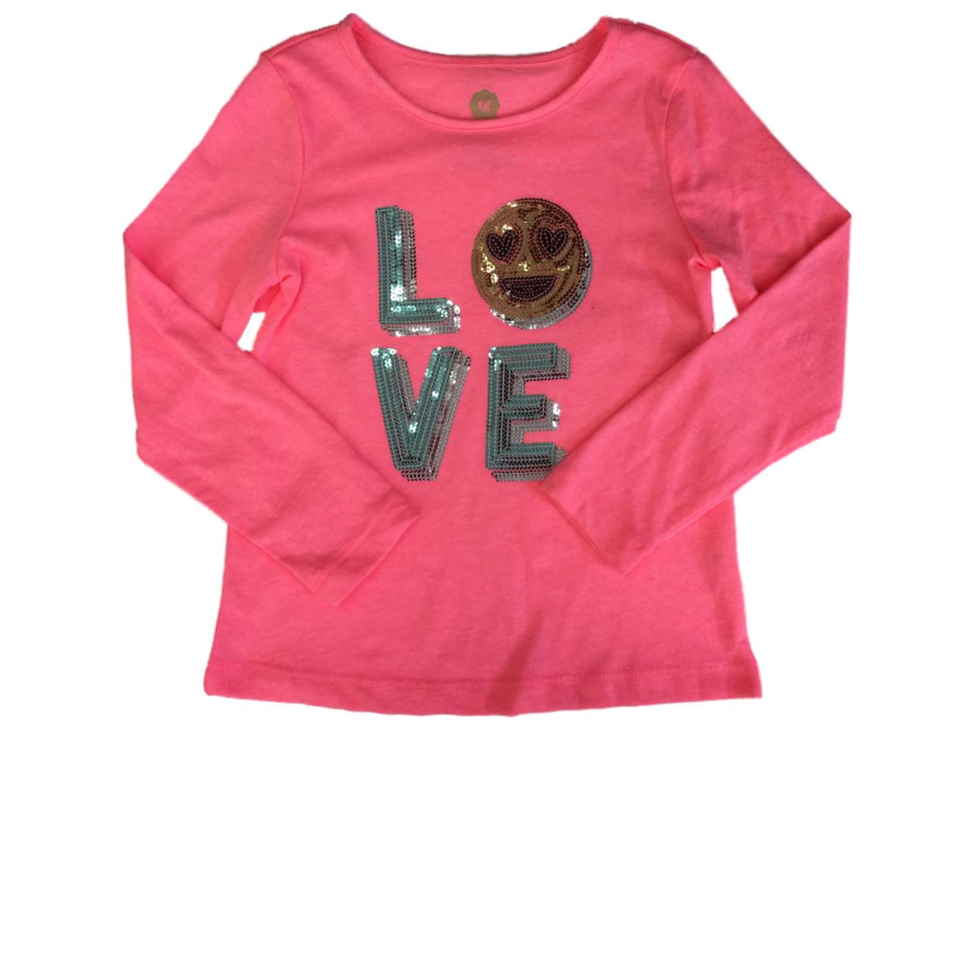 Girls Pink Sequin Heart Smile Tee Shirt Girls Love Emoji Long Sleeved T-Shirt M5
