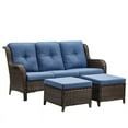 thumbnail image 4 of PARKWELL 3-Piece Patio Conversation Set,Cushioned Sofa with Ottomans,Outdoor Furniture Sets,Brown Wicker and Blue Cushion, 4 of 11