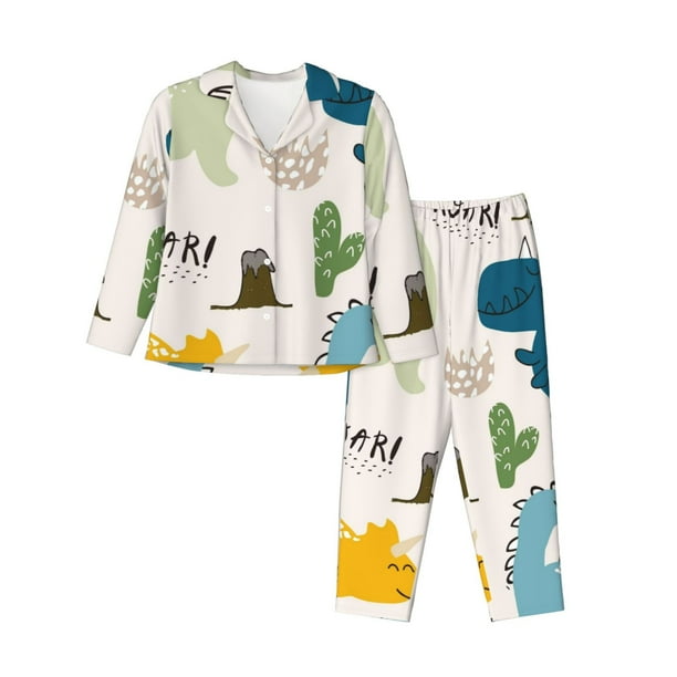 Fotbe Childish Dinosaur Conjunto de Pijama de Manga Larga para Mujer con Estampado, Ropa de Dormir de 2 Piezas, Conjunto de Casa Suave y Cómodo con Bolsillos-XX-Large
