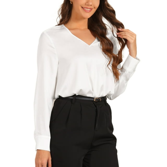 Inspire Chic Leotardo de satén para mujer con cuello en V y mangas largas, tops de bodysuit formales