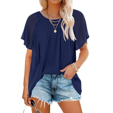 Women's Lightweight Breathable Crewneck T-Shirt, Loose Casual Flowy Wrinkle Front Short Sleeve Top, Perfect for Summer, Blue, Size L