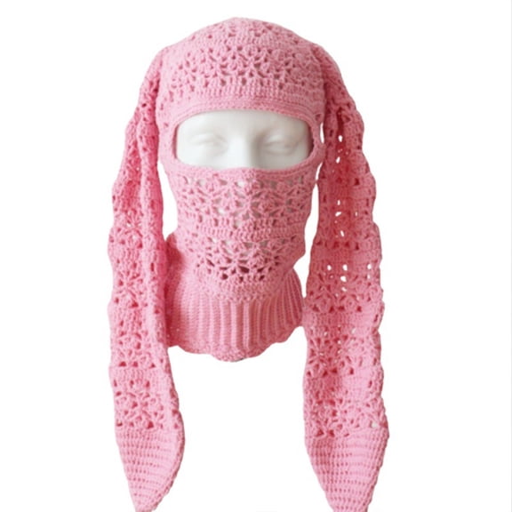 ZPAQI Handcrochet Balaclava Hat Girls Novelty Rabbit Ears Beanie Hat Women Hooded Hat