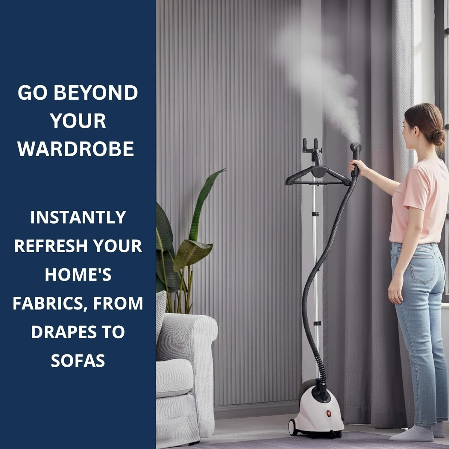 Full-Size Clothes Steamer - 1500W Power, 1.8L Water Tank, 60-Min Garment Steam, Iron Clothing, Adjustable Pole & Wheels for Easy Storage, Professional Standing Steamer for Clothes, White
