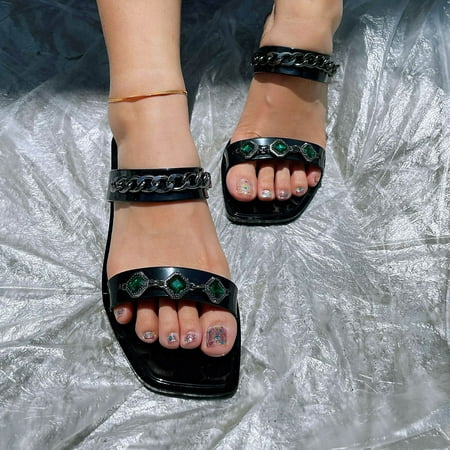 

AXXD Women Green Sandals Clearance 8.5 Summer Square Head Rhinestone Chain Flip-flop Sandals