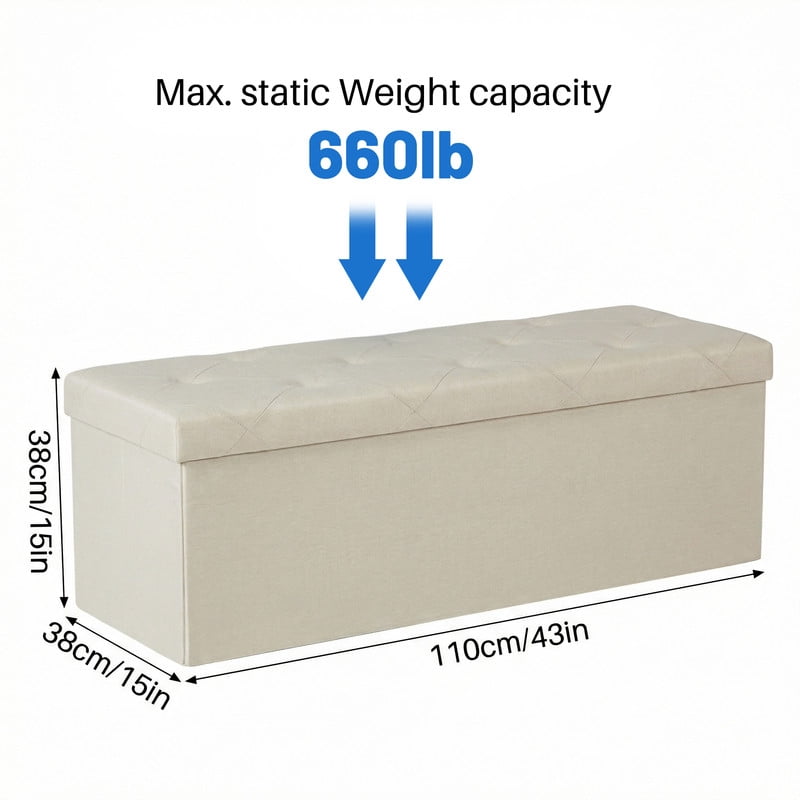 Gianna 43 Inches Folding Storage Ottoman Bench, Storage Chest, Foot Rest Stool, Bedroom Bench with Storage, Beige