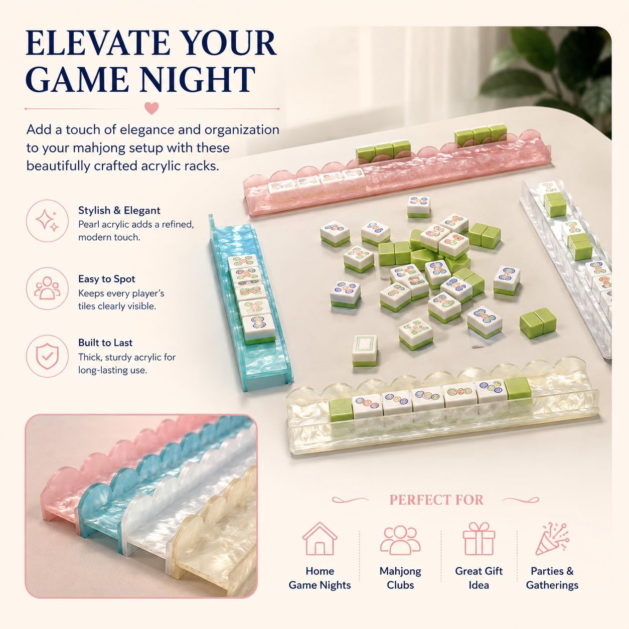 Pearl Scalloped Mahjong Racks with Magnetic Pushers 17.5''/20'', Tortoise Mahjong Rack & Pusher Set of 4