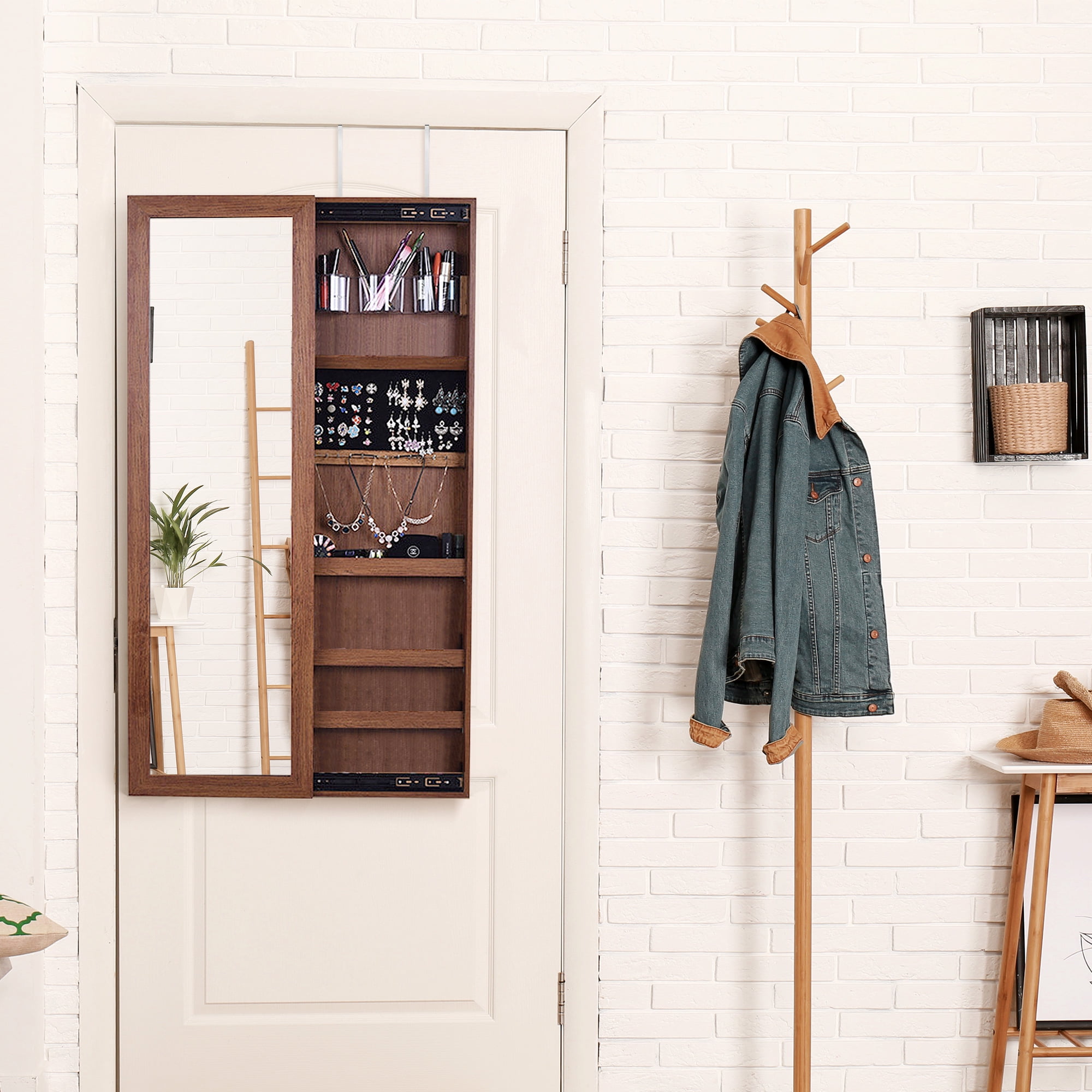 Over-The-Door Mirror, Lockable Jewelry Cabinet Armoire, Brown by Boho