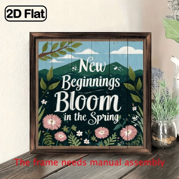 1pc Classic Wooden Wall Art New Beginnings Bloom in the Spring - Vintage Farmhouse Decor for Home, Living Room, Entryway, Bedroom - Easter Themed Desktop Decoration, 8*8in