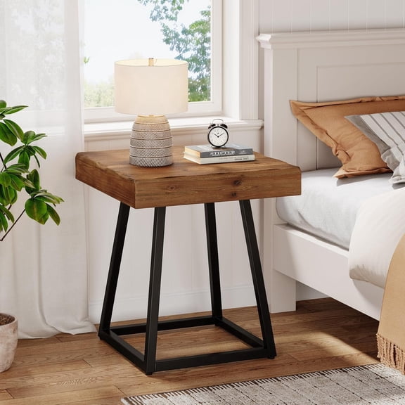TRIBEWOOD Industrial Solid Wood Nightstand with Metal Frame