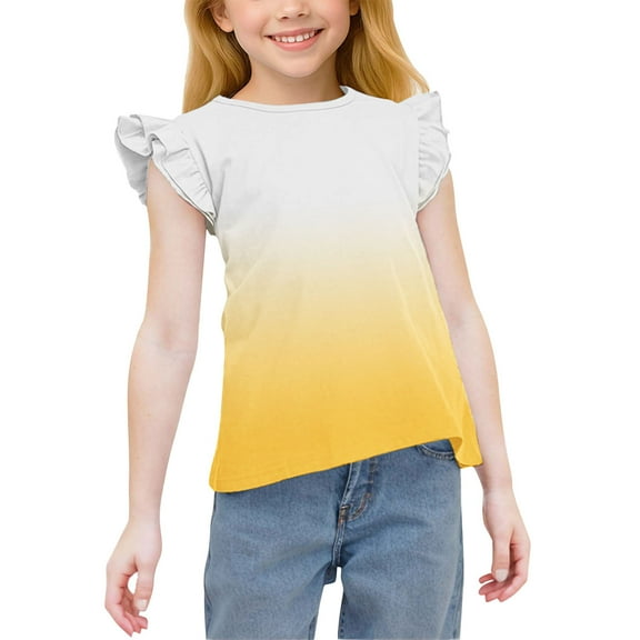 Cethrio Girls T-shirts with Ruffle, Pullover Gradient Print Short Sleeve Casual Summer Tops Yellow Size 6