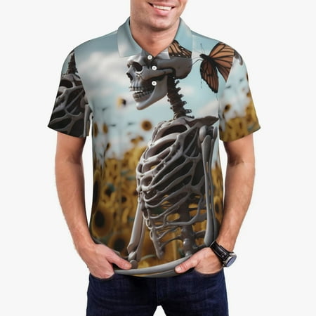 Goofa Sunflower Butterfly Skull Print Mens Polo Shirts Quick Dry Short Sleeve Golf T Shirt Performance Moisture Wicking Casual Workout-Large