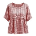 thumbnail image 5 of ClodeEU Women's Plaid Round Neck Short Sleeve Babydoll Blouse,Casual Summer Peplum Top Red,Women's Plus L, 5 of 9