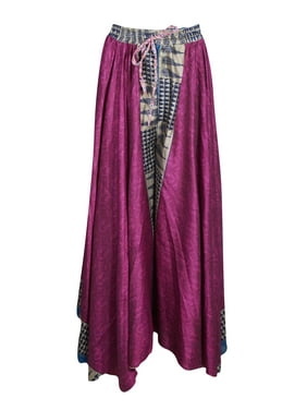 Mogul Women Magenta Maxi Skirt Wide Leg Full Flare Vintage Printed Sari Divided Uneven Gypsy Hippie Chic Long Skirts S