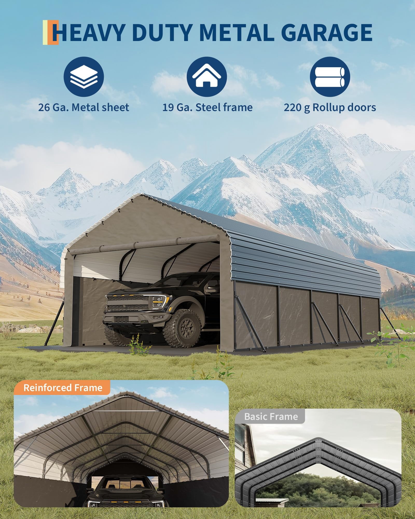 12'X24'X9' Metal Carport, Enclosed Car Ports with Heavy Duty Steel Frame and 220 g Tarp, All-Weather Carport for Full-Size Pickup Trucks, Bass Boats, and Tractors