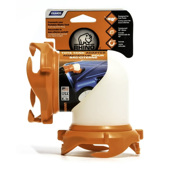 Camco Rhino 90-Degree Tote Tank Adapter | Features a Clear Low-Profile 90-Degree Elbow, Heavy-Duty Resin Construction, and 4 Bayonet Prongs on Each End for an Odor-Tight Locking Action (39485)