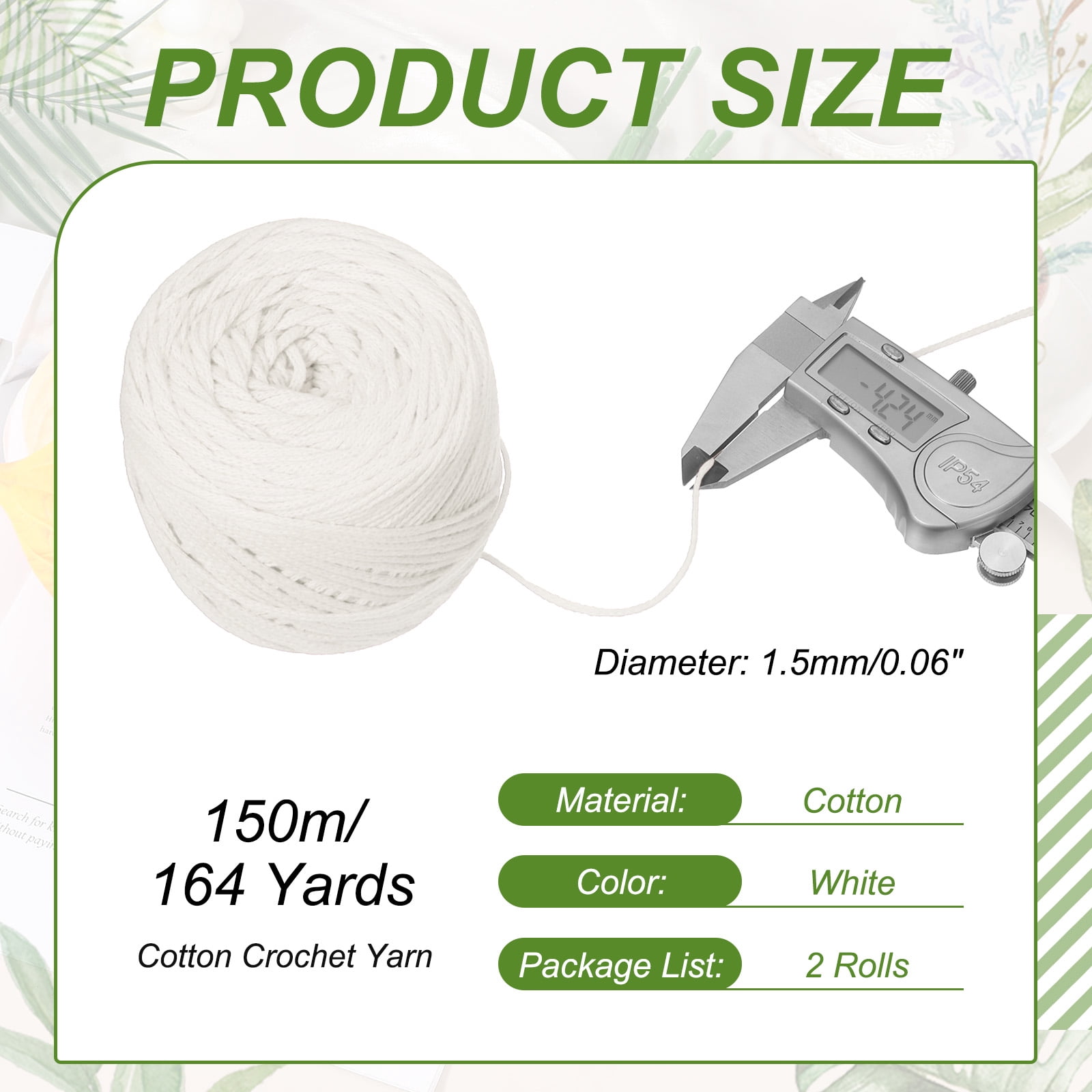Uxcell 2 Roll Cotton Crochet Yarn, 1.5mm x 164 Yards Macrame Cord Braided Cotton Rope Twine String for Crochet Bag Knitting Crafts Wall Plant Hanging Gift Wrapping, White