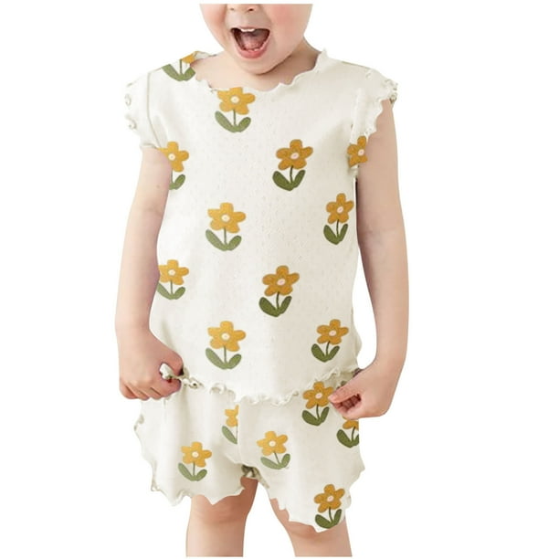 Odeerbi 2-9 Años Conjunto de Verano Para Niñas Camiseta de Manga Corta de Algodón Con Ribete de Lechuga Floral Pantalón Corto Conjunto de Dos Piezas Estampado de Flores